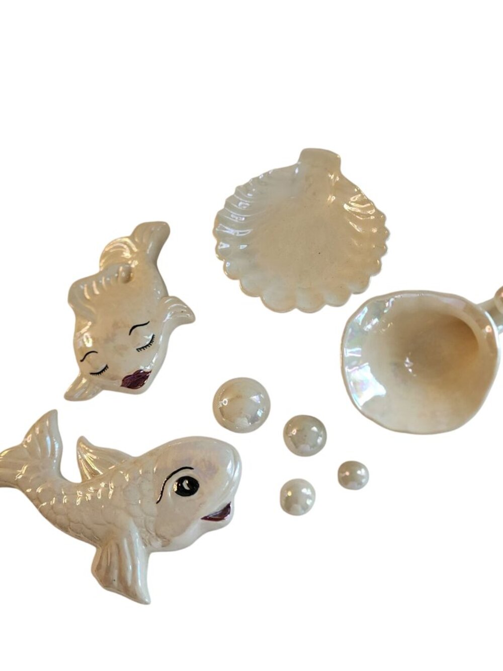 Vintage 1950s White Ceramic Fish Wall Plaques Featuring a Pearly Luster Finish s